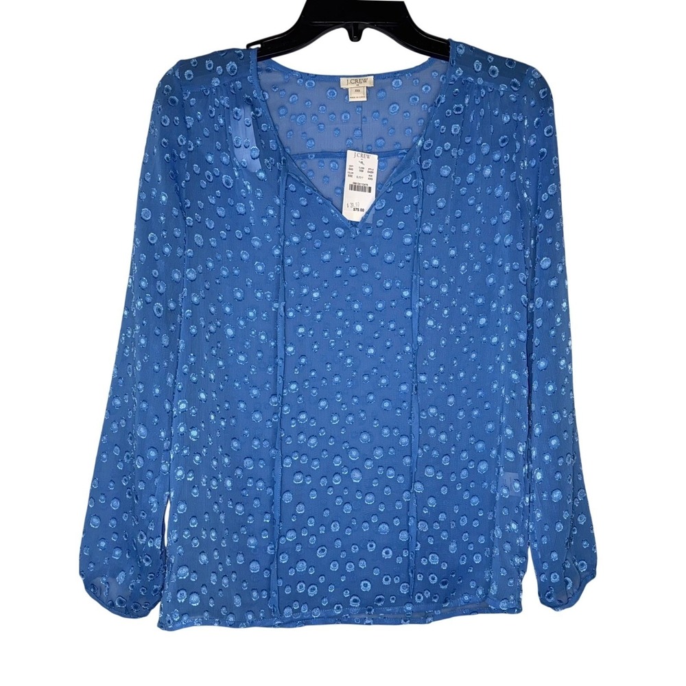 J.Crew Clip Dot Blouse Women XXS Blue Sheer Tie Neck Long Sleeve Boho Business